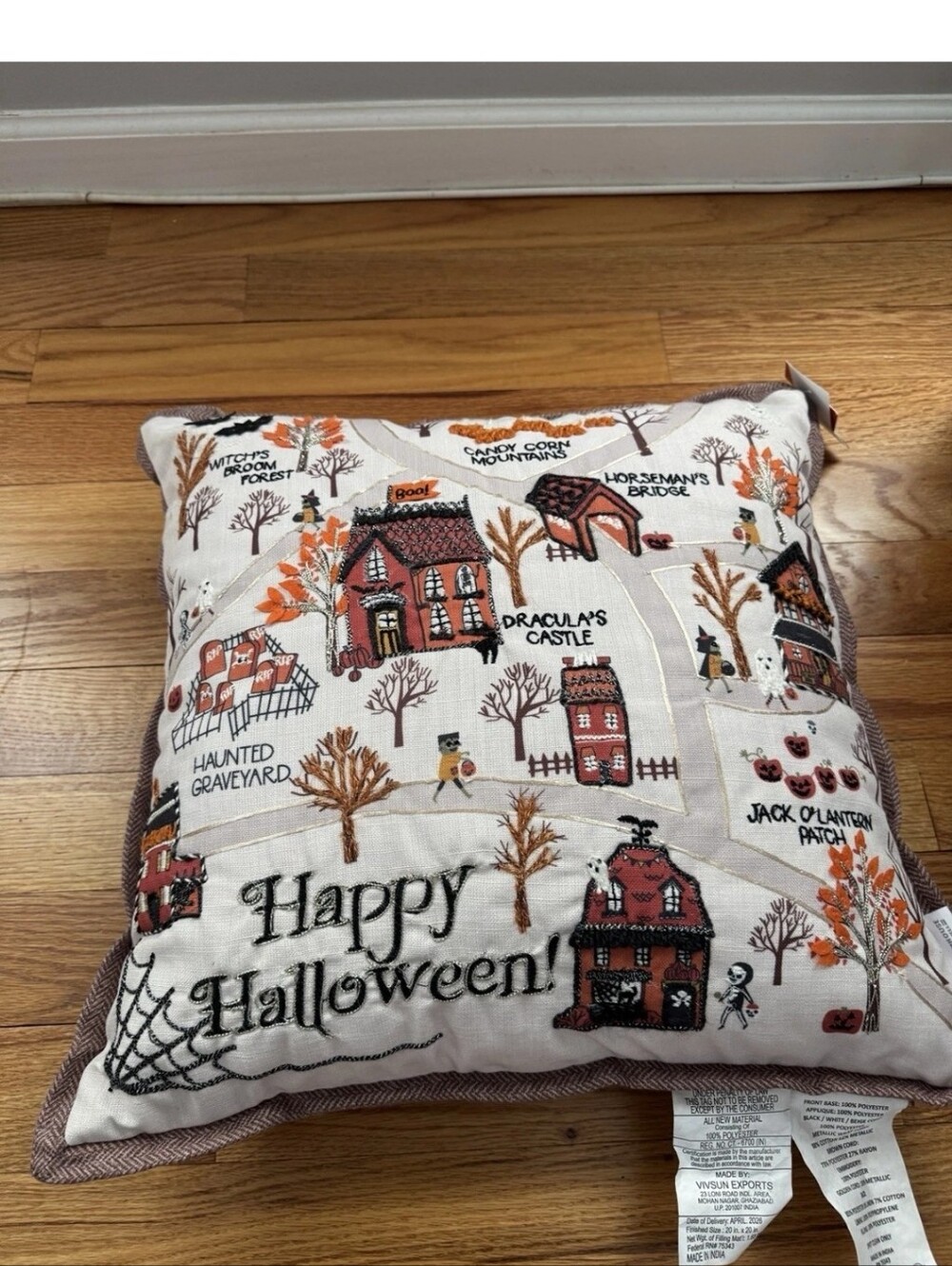 The Farmhouse by Rachel Ashwell Happy Halloween Map Embroidered Pillow 20” New